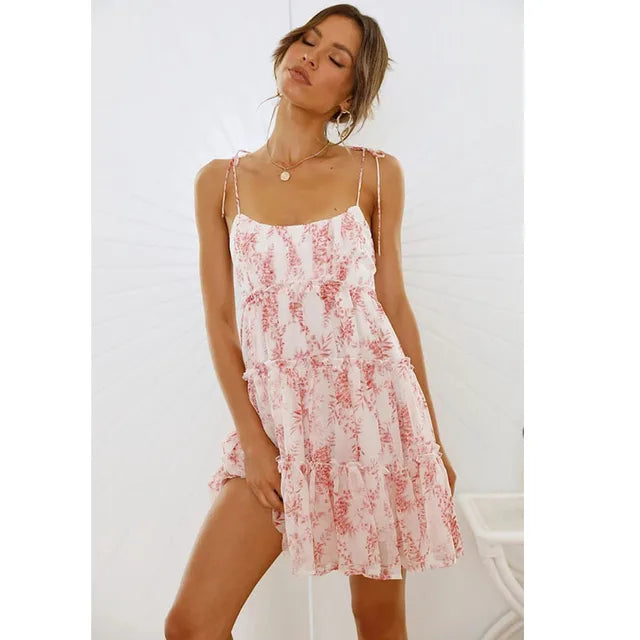 Printed Mini Dress with Thin Straps Summer